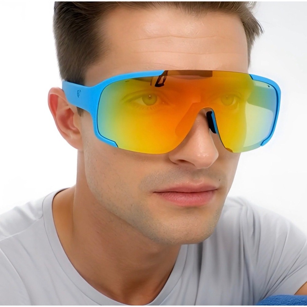 Shield Sunglasses Mirrored Lens Sport Cycling‎ Glasses Blue Frame Fishing Lentes